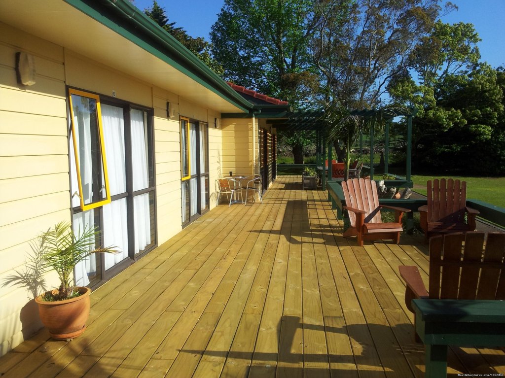 Sunny deck outside superior studios. | Aotearoa Lodge & Tours for relaxed homely ambience | Image #3/8 | 