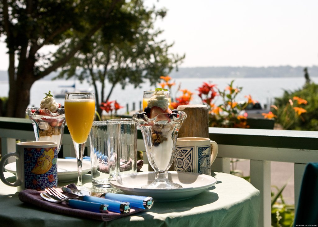 A gourmet breakfast on the waterfront porch  | Vine University - Long Island Wine Making Class | Greenport, New York  | Cooking Classes & Wine Tasting | Image #1/10 | 