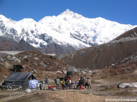 trekking and mountaineering in Sikkim India trekkers in front of Mt. Kanchenjunga