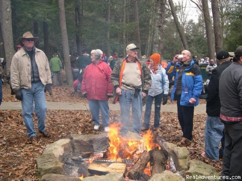 The Hocking Hills, Ohio's Natural Crown Jewels: Winter Hikers taking a break to warm up.