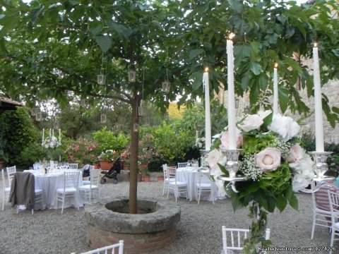 Party tables around the mulberry tree