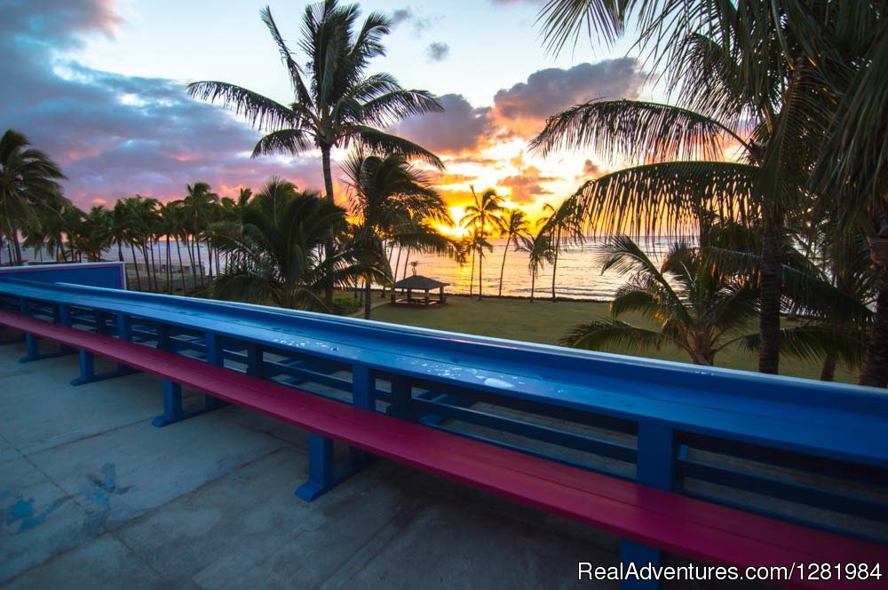 Our 50' picnic table and bench overlooking the lagoon/ocean. | Kauai Beach House Hostel | Image #3/5 | 