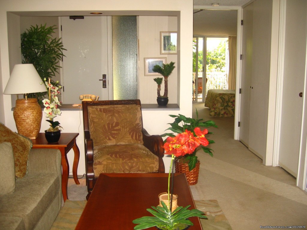 Living Room and Hall | Cliff's Honeymoon Condo Princeville, Kauai, Hawaii | Image #10/23 | 