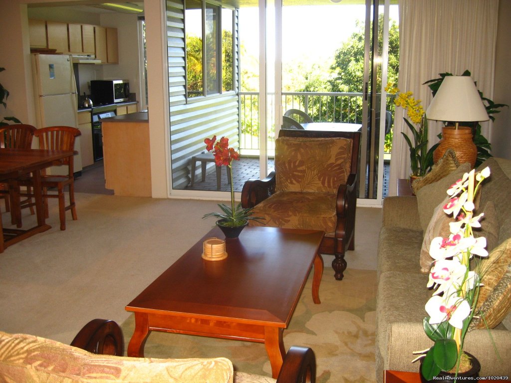 Living Room and Kitchen | Cliff's Honeymoon Condo Princeville, Kauai, Hawaii | Image #11/23 | 