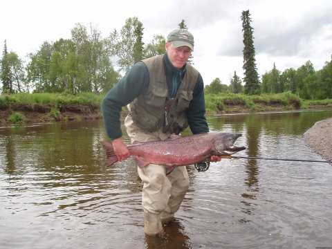 Remote Alaskan fly-in river fishing for Salmon and Rainbows that won't cost a boat load of money. Deshka Wilderness Lodge on the upper Deshka River provides great fishing from a comfortable lodge with accommodations one would expect to find in town.