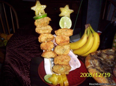 Skewered Bahamian Conch fritters
