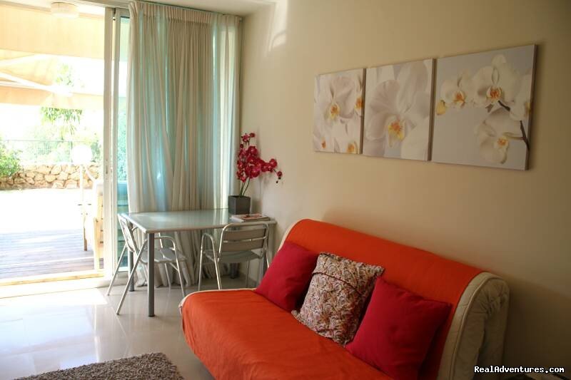 Living room - Sofa Bed | Luxury Garden Apartment in Neot Golf Caesarea | Image #11/11 | 