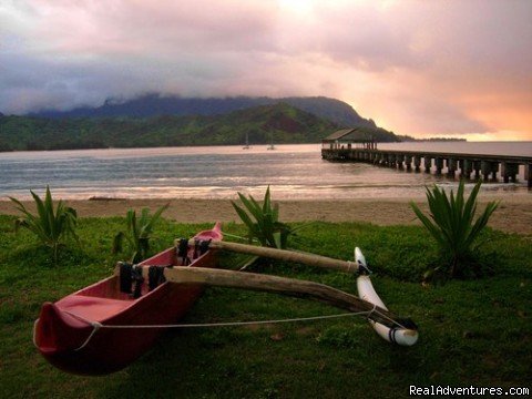 Outrigger canoe at Hanalei pier. Hanalei Beach | Guests Rave about Us See Why Resort+Snorkel Gear | Image #14/21 | 