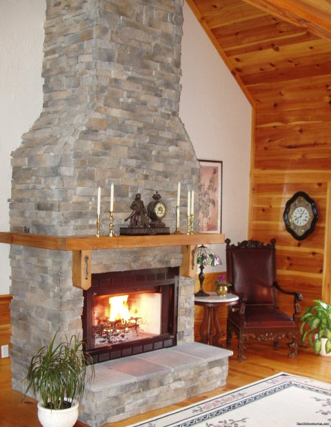 Soaring fieldstone fireplace