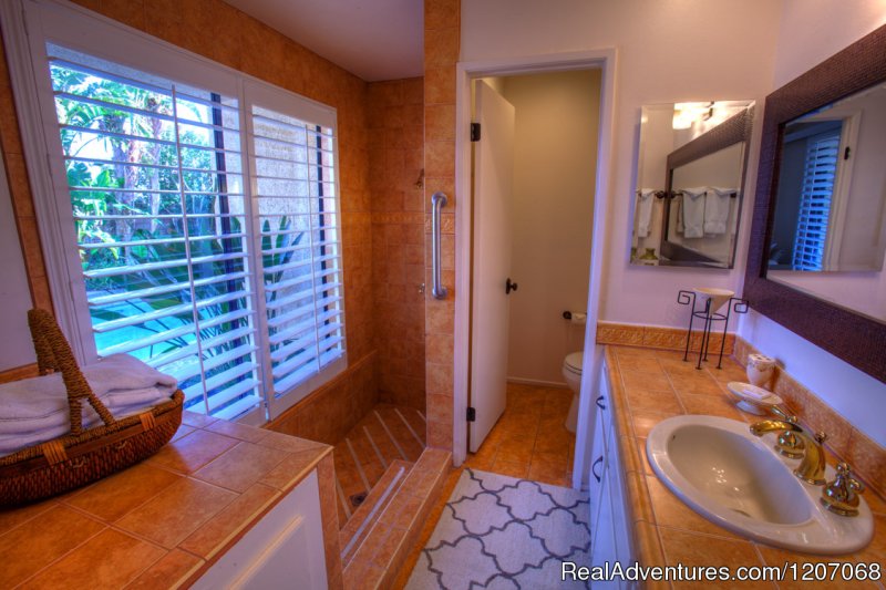 Master Bath with Roman Tub & Shower plus Pool View | Sinful Seclusion in Uptown- Palm Springs TOT3100 | Image #5/8 | 