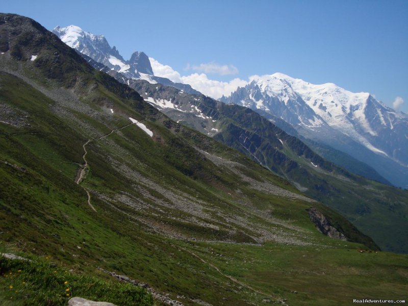 An alpine trail with Mont Blanc in the background | Guided Treks In The Swiss Alps | Image #3/9 | 