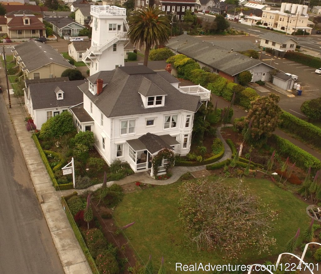 Weller House Inn, Water Tower and grounds (aerial view) | Historic Mendocino Coast Retreat Weller House Inn | Image #4/5 | 