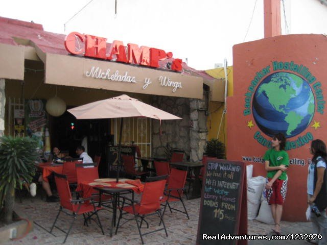 Front Entrance & Patio | Backpackers Hostelling Center & Champ's Sports Bar | Cancun, Mexico | Youth Hostels | Image #1/23 | 