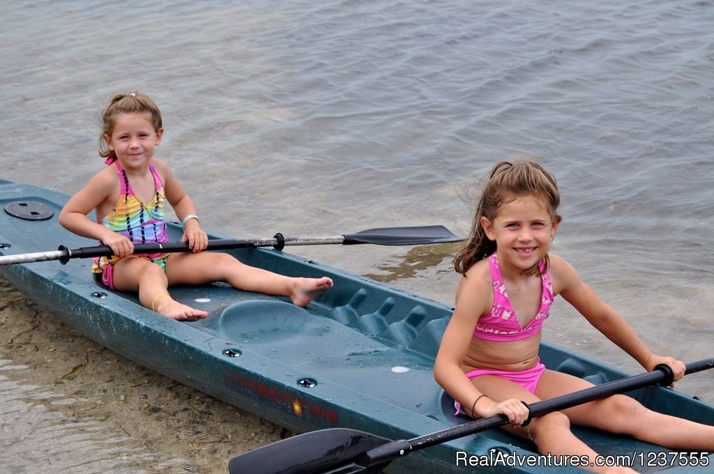These girls are ready for kayaking. | Seabird Key, Private Island,  Sandy beach & boat | Image #19/24 | 
