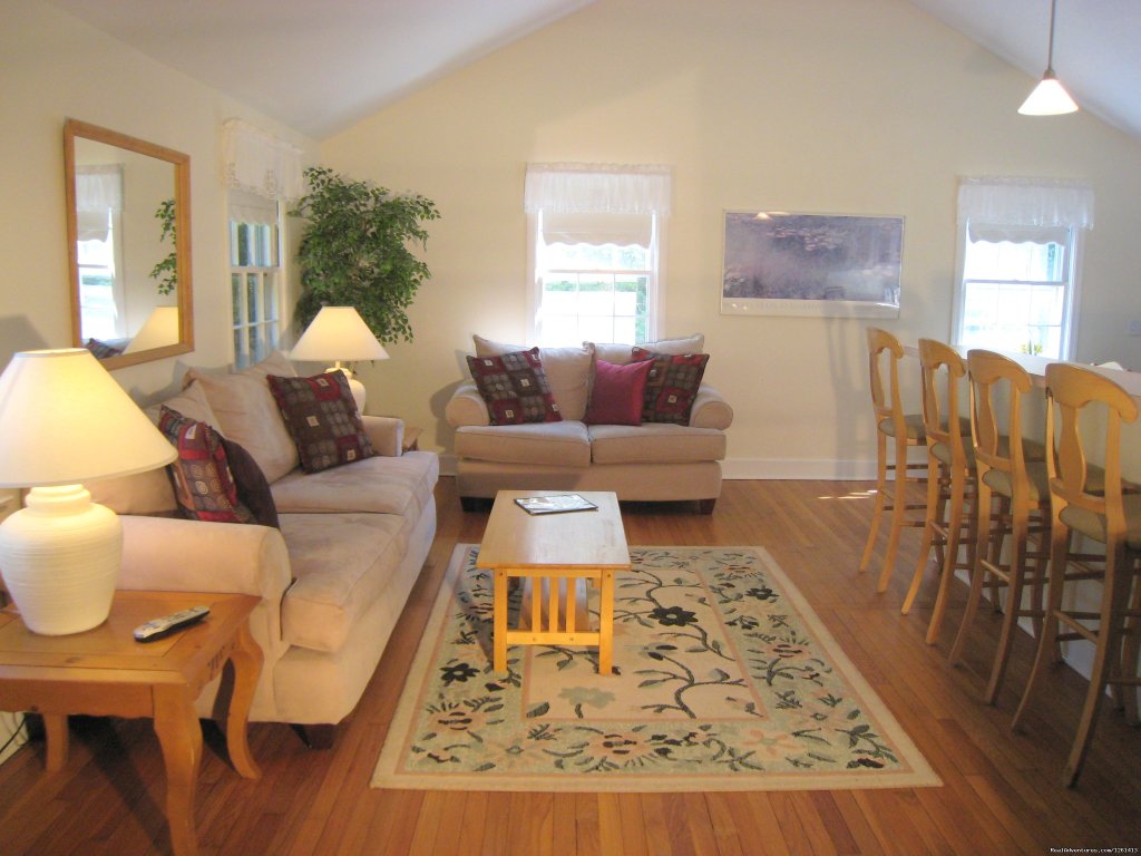 Brightly lit living room with vaulted ceilings | Charming & Private - Heart of East Hampton Village | Image #3/7 | 