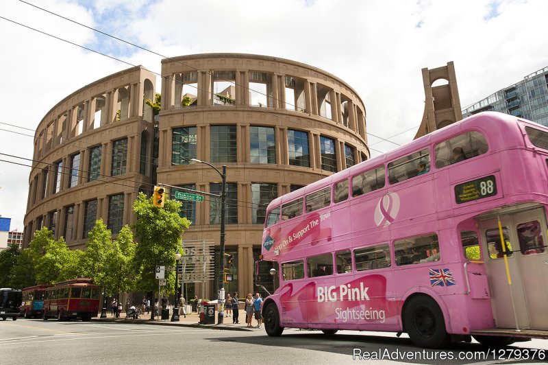 Big Pink Double Decker at Library Square | Big Bus Vancouver | Vancouver, British Columbia  | Sight-Seeing Tours | Image #1/7 | 